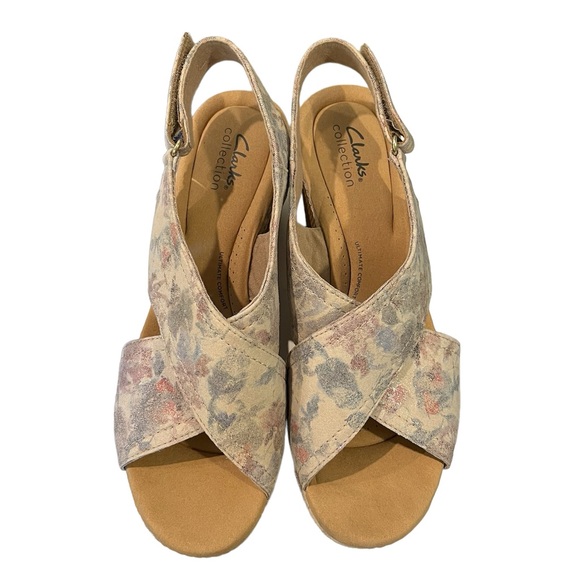 Clarks Giselle Cove Platform Open Toe Wedge Sandals Floral Slingback Sz 9 - Picture 11 of 14